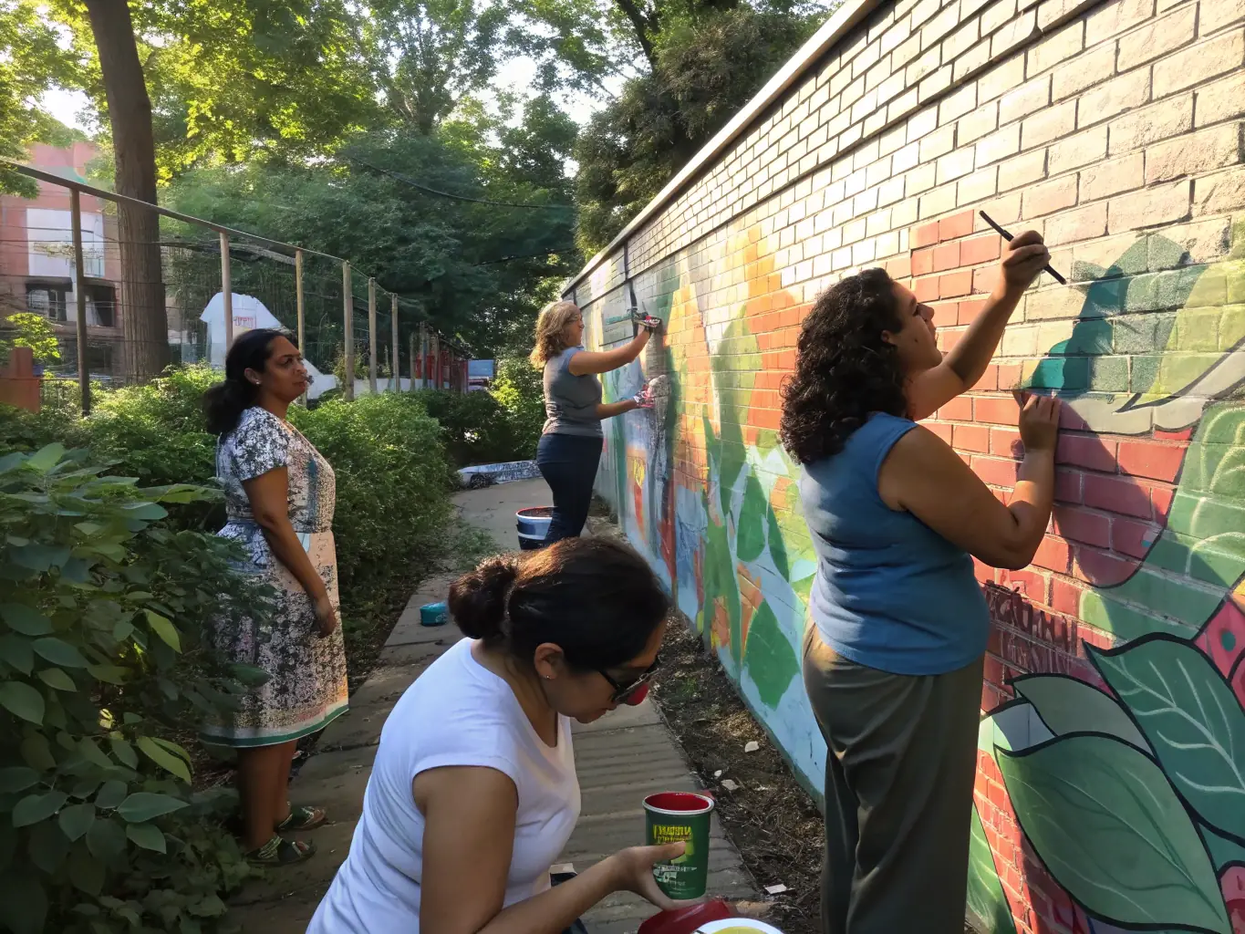 A photograph showcasing a group of women collaborating on a community project, such as gardening or painting a mural.