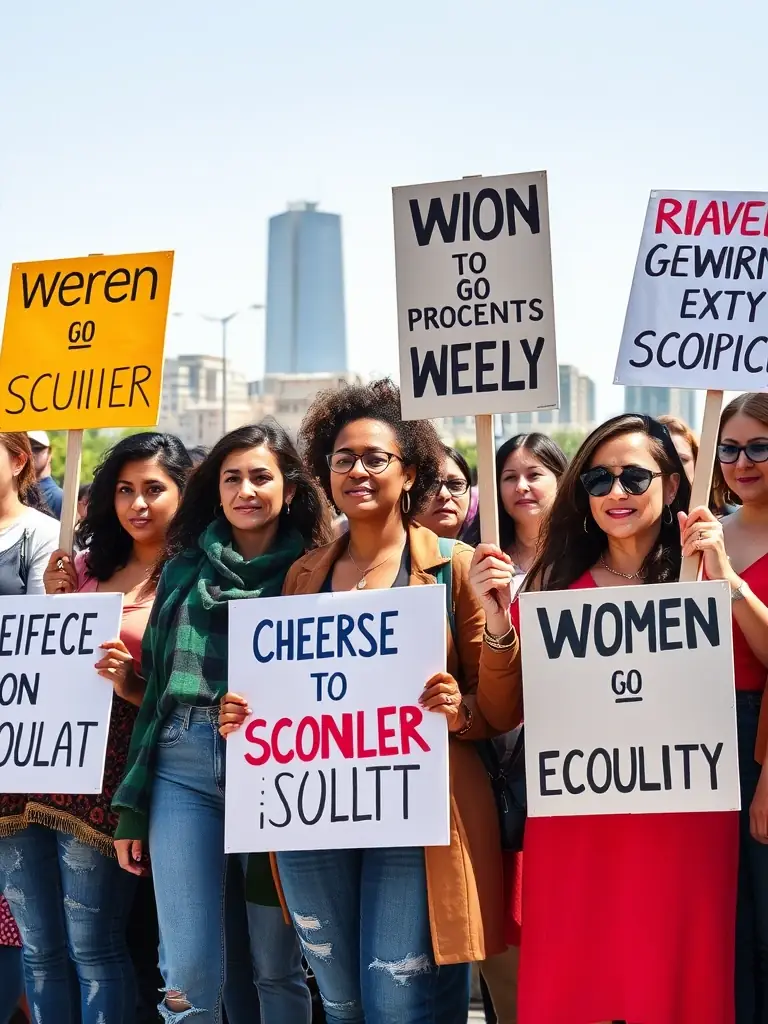 A powerful image of women participating in a F.E.M Project advocacy campaign, holding signs and raising their voices for gender equality and social justice.