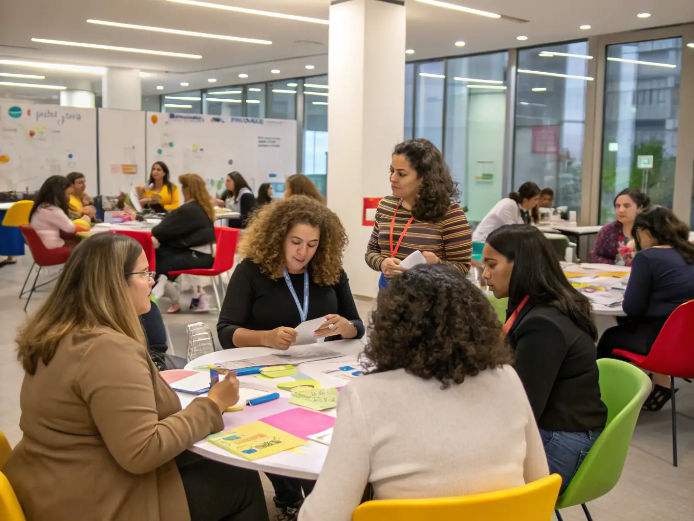 An image of women participating in a lively workshop session, engaging in discussions and activities.