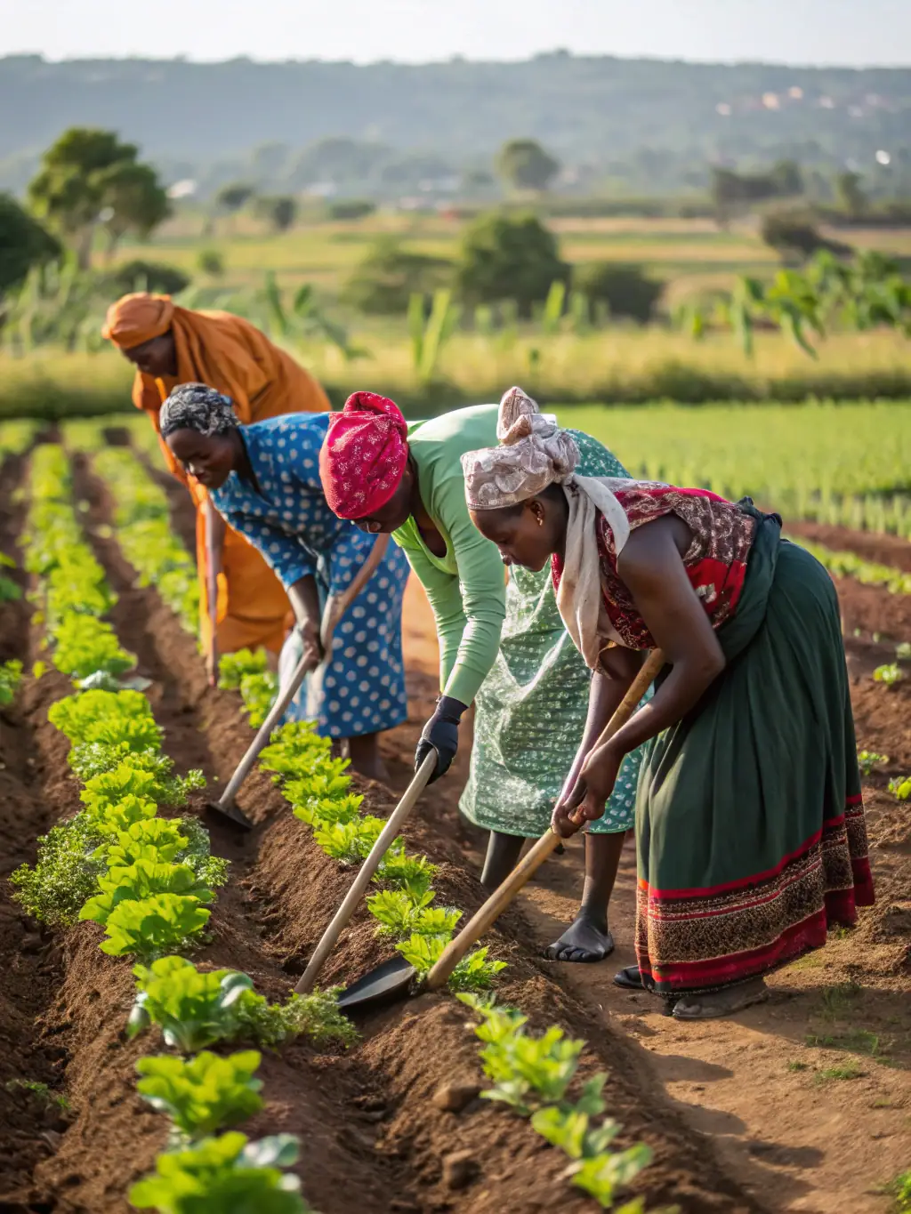 A vibrant image of a community garden, showcasing women working together to plant vegetables and flowers, symbolizing sustainable living and community collaboration.